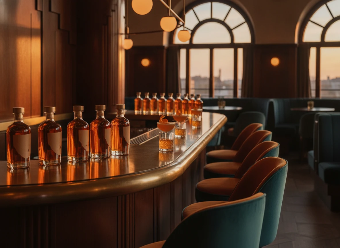 Art deco hotel bar with whiskey bottles and brass details at dusk