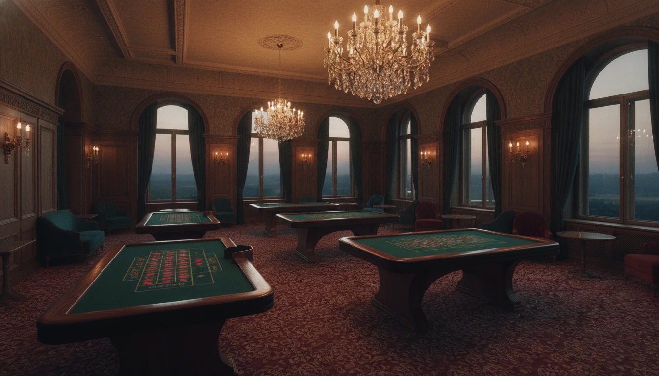 Refined historic casino salon with roulette tables and warm lighting