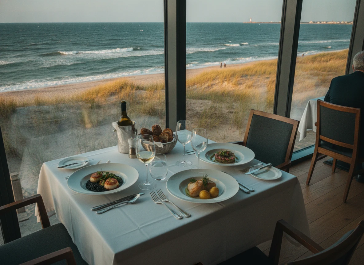 Fine dining seafood table beside tall windows overlooking a Baltic beach
