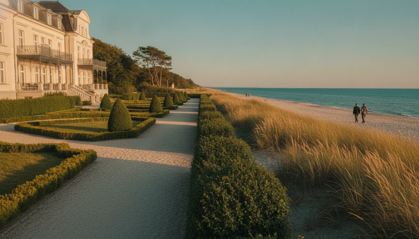 Formal hotel gardens opening toward a private Baltic beach