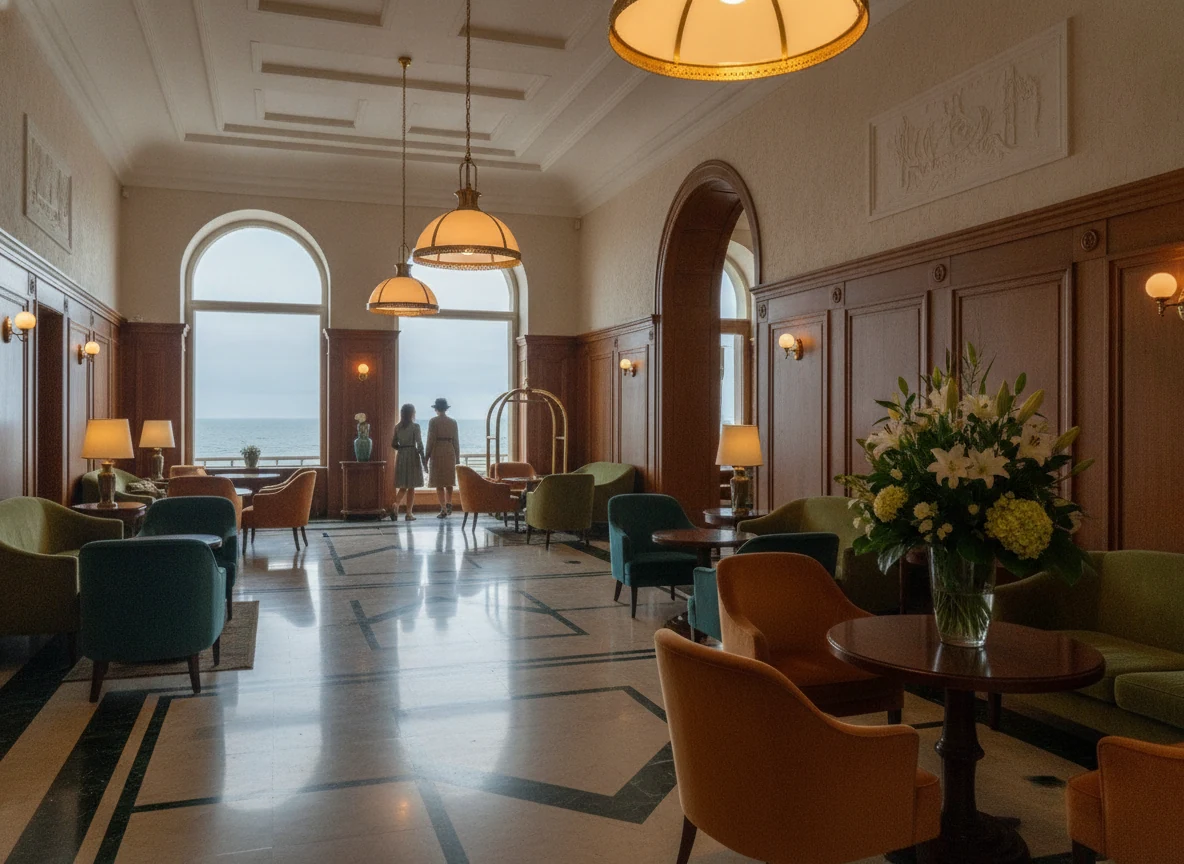 Grand hotel lobby with walnut panelling, brass lamps and sea-facing windows