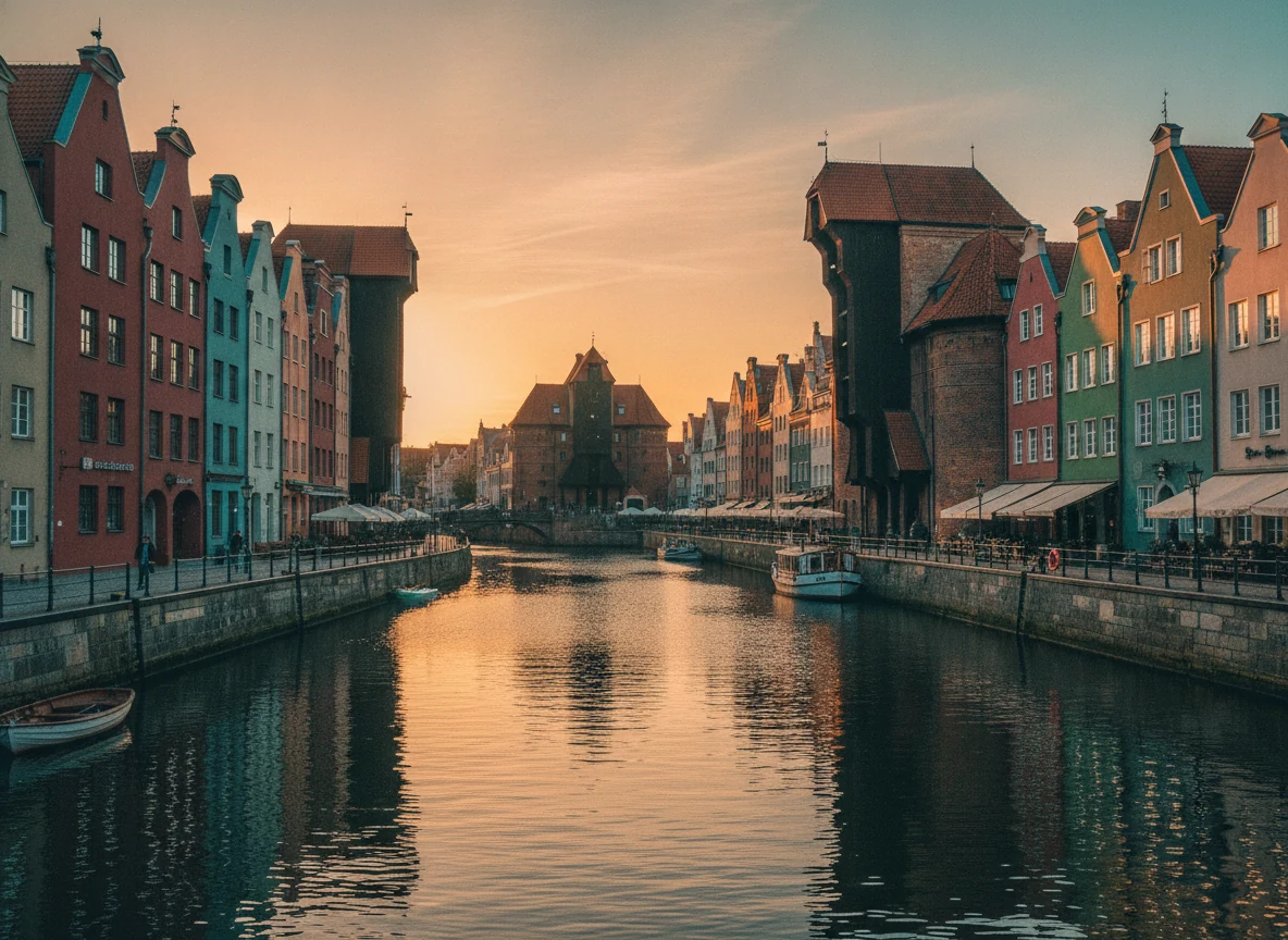 Gdańsk old town waterfront with colourful Hanseatic facades