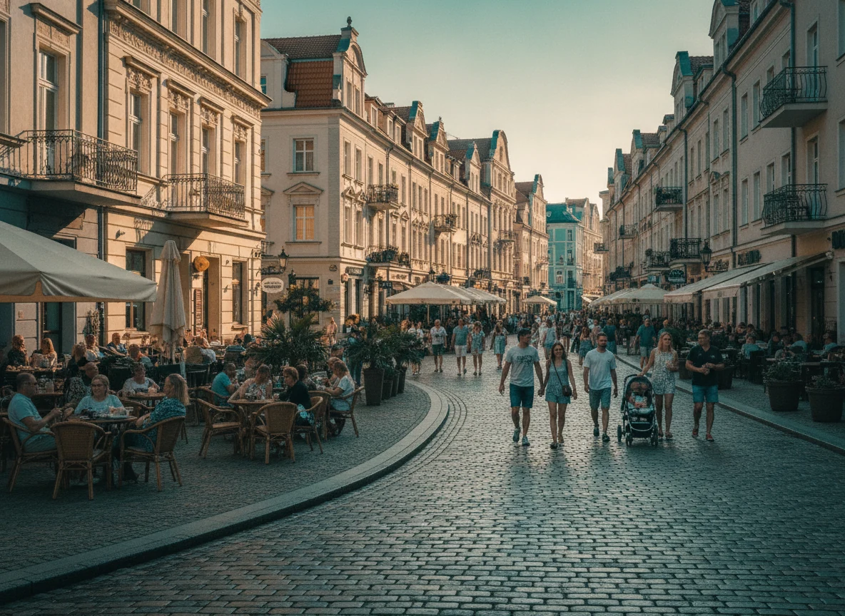 Pedestrian spa-town promenade with cafes and historic townhouses