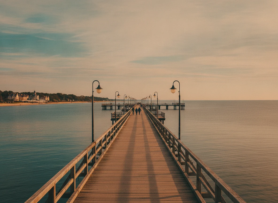 Long wooden seaside pier stretching into a calm Baltic bay