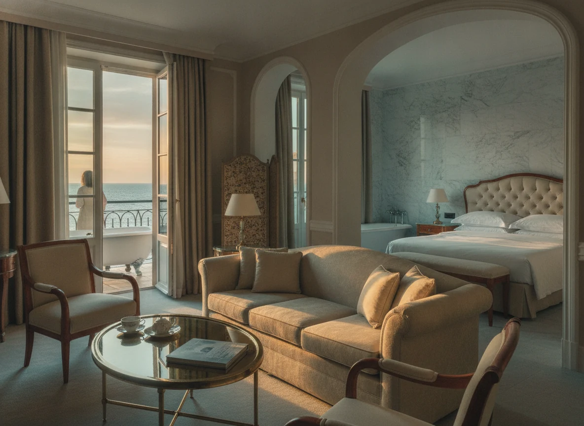 Junior suite sitting area with a glimpse of a seaside balcony