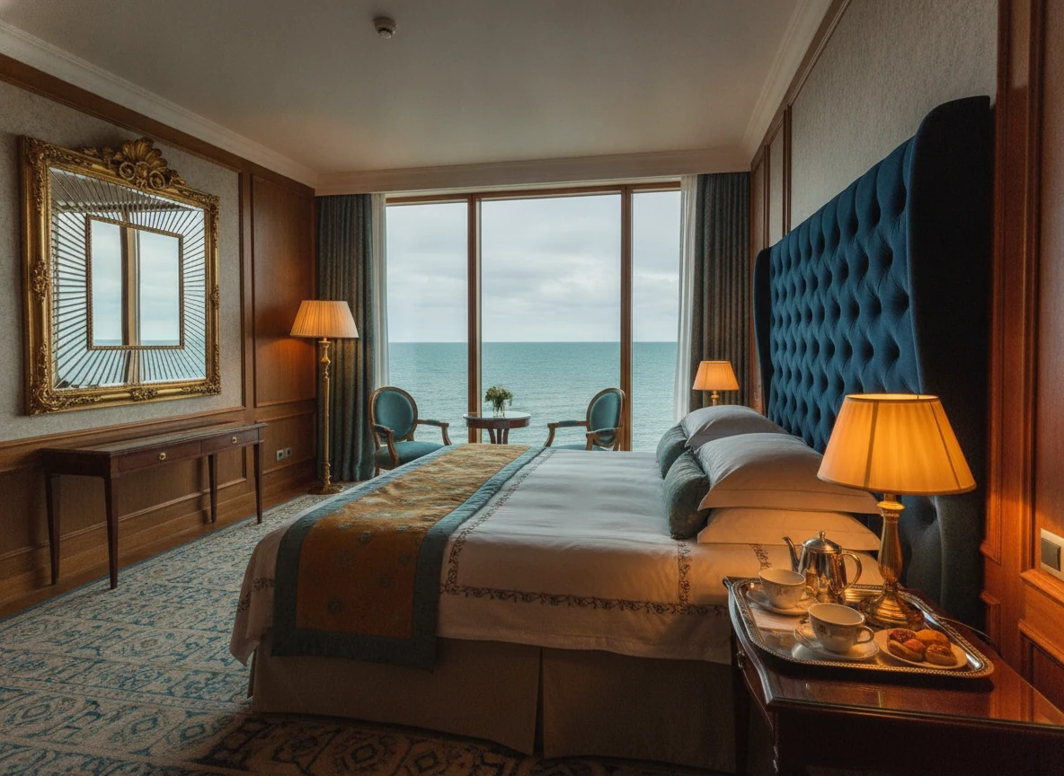 Luxury hotel room with gilt mirror and tea service