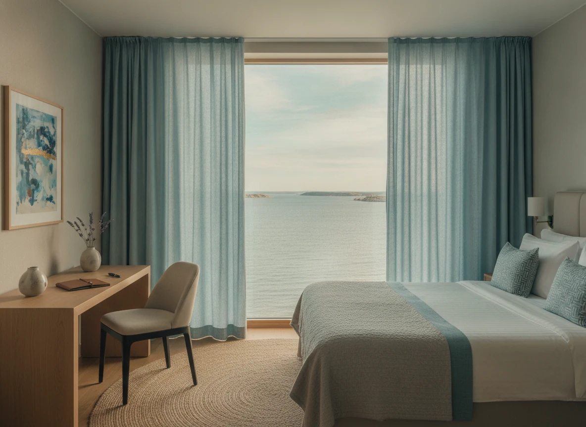 Seaside hotel room with drapes open to a Baltic view