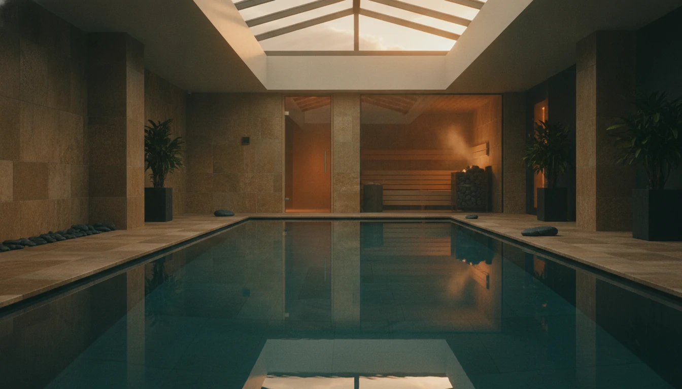Calm indoor hotel wellness pool with stone tiles and skylight